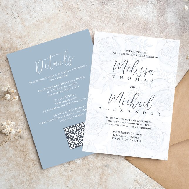 Elegant QR Code RSVP Online Dusty Blue Floral Invitation (Elegant wedding invitations with blue floral pattern and taupe with QR Code)