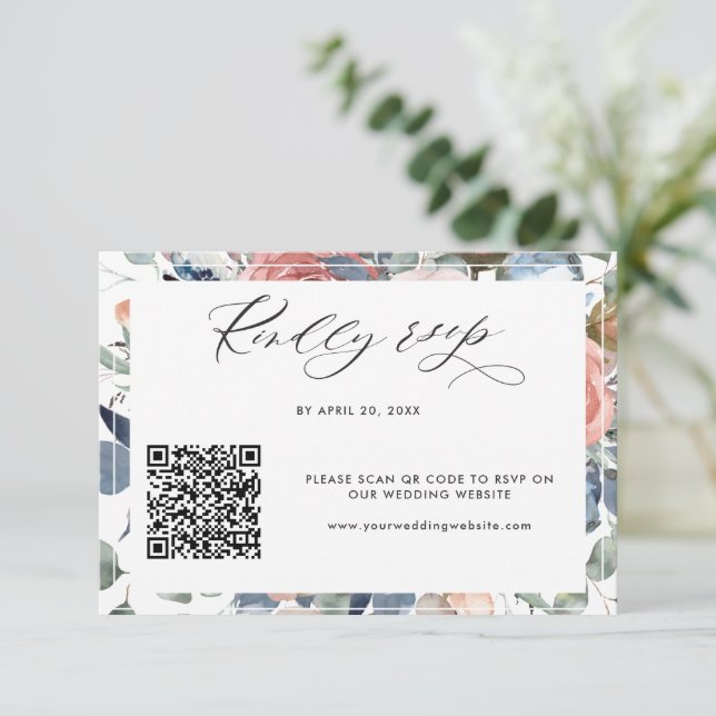 Elegant QR Code Rsvp Online Wedding Floral Card (Standing Front)
