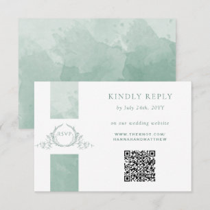 Elegant QR Code RSVP Pale Green Monogram Wedding Card