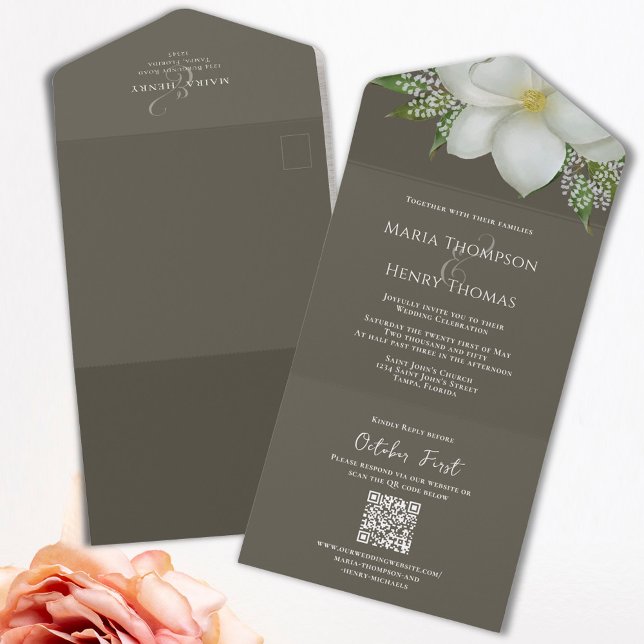 Elegant QR Code RSVP Simple Online White Magnolia All In One Invitation (Elegant QR Code tri-fold magnolia all in one invitation invitation)