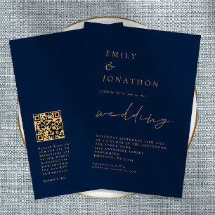 Elegant QR Code Script Navy Gold Wedding Invitatio Invitation