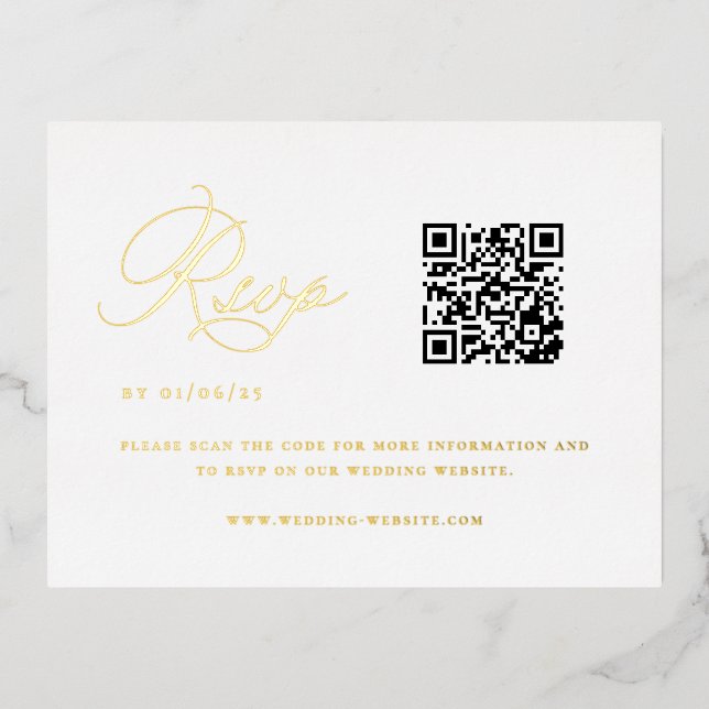 Elegant QR Code Wedding RSVP  Foil Invitation Postcard (Front)