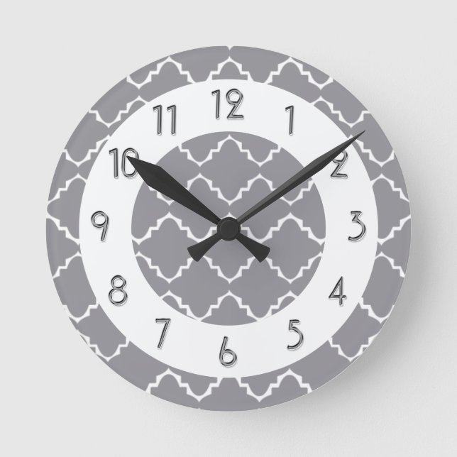 Elegant Quatrefoil Pattern - Grey White Round Clock (Front)