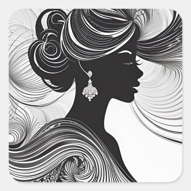 Elegant Queen African Silhouette Black & White Square Sticker (Front)