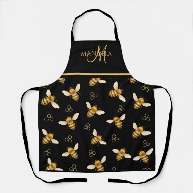 Elegant Queen Bee Gold Monogram Design Apron (Front)