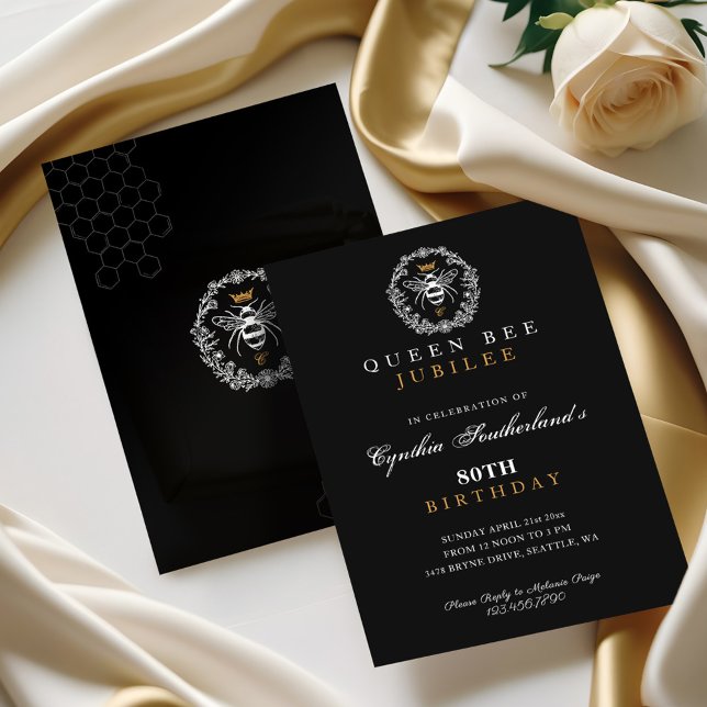 Elegant Queen Bee Jubilee Black & Gold Birthday  Invitation (Elegant Queen Bee Jubilee Black & Gold Birthday Invitation)