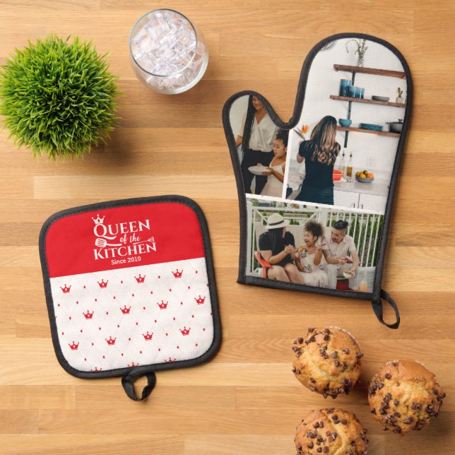 elegant queen crown chic pattern 3 photo custom oven mitt & pot holder set (Top Down)