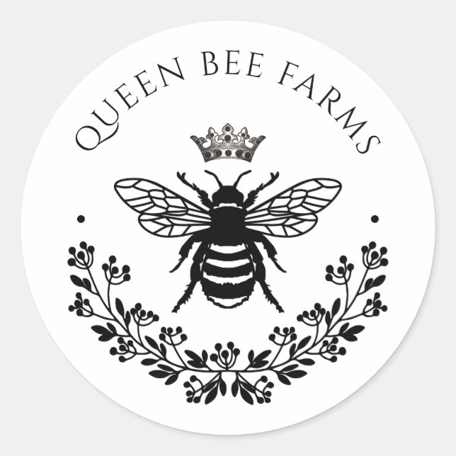 Elegant Queen Honey Bee Black White  Classic Round Sticker (Front)