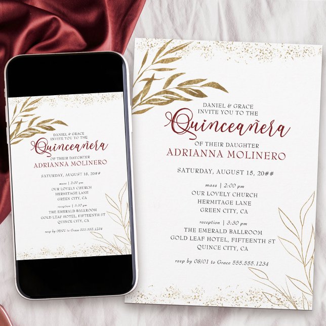 Elegant Quinceanera and Mass Red and Gold Leaf Invitation (Elegant invitation to Quinceanera & church blessing white, blue and gold - my Gold Leaf Collection)