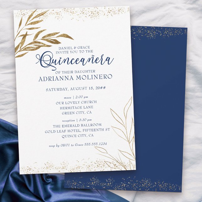 Elegant Quinceanera and Mass Royal Blue Gold Leaf Invitation (Elegant invitation to Quinceanera & church blessing white, blue and gold - my Gold Leaf Collection)