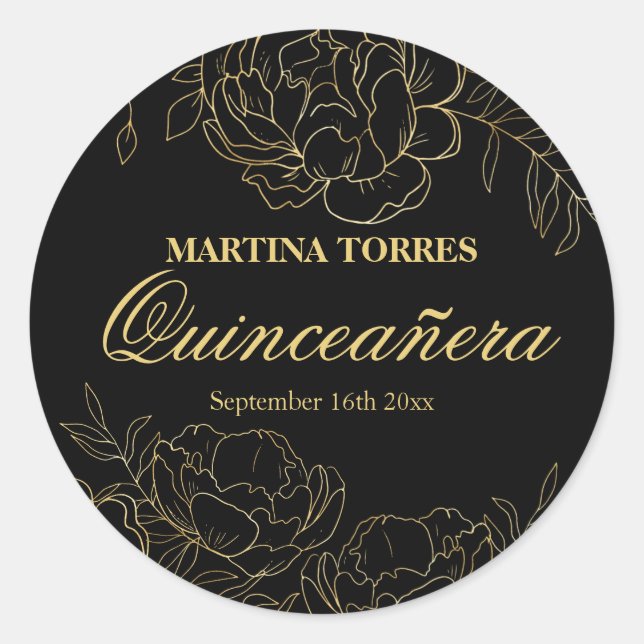 Elegant Quinceanera Black and Gold Floral Sticker (Front)