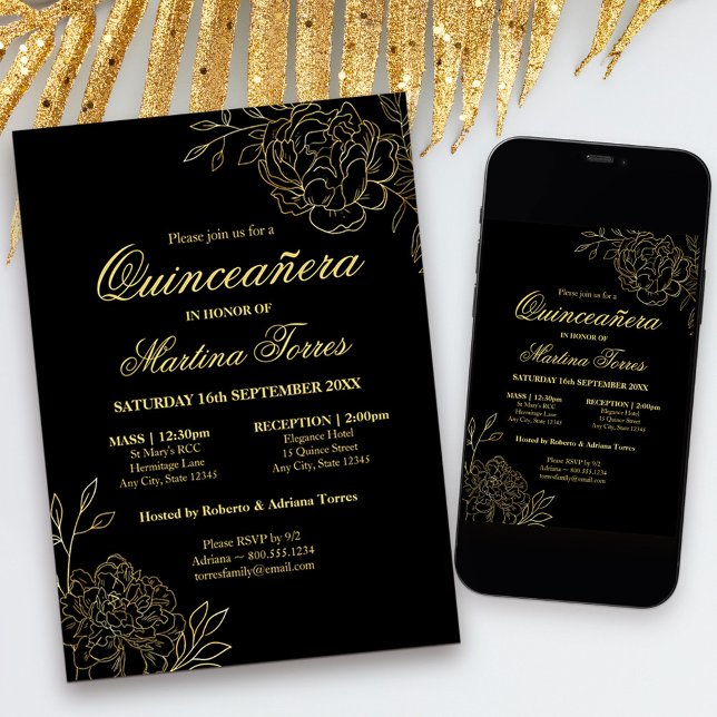 Elegant Quinceanera Black and Gold Sketch Floral Invitation (Black and Gold Quinceanera Invitation with church ceremony, from my Gold Sketched Floral collection)