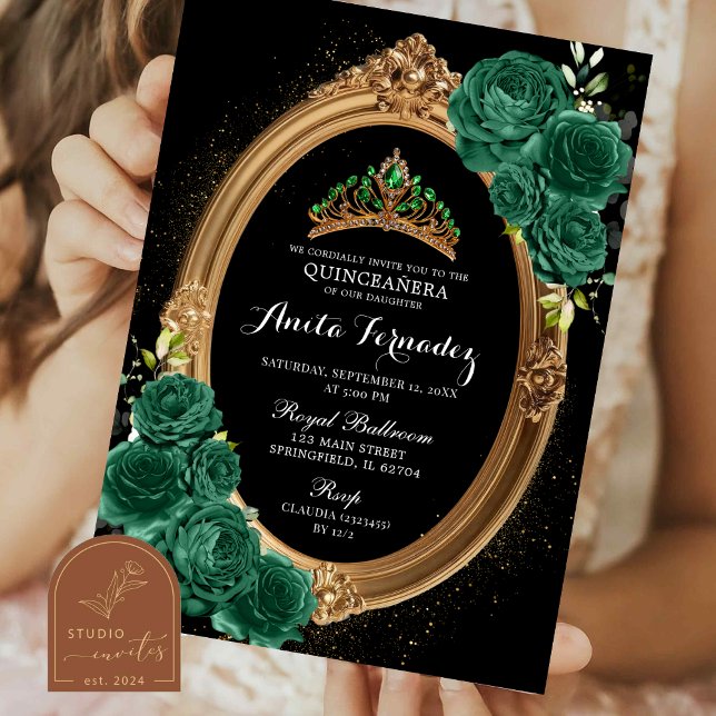 Elegant Quinceanera Black Emerald Green Invitation (Creator Uploaded)