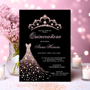 Elegant Quinceañera Black Pink Tiara Gown Dress Invitation