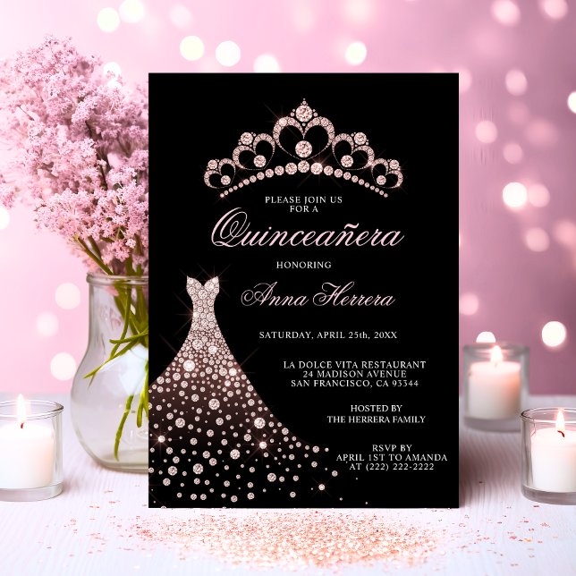 Elegant Quinceañera Black Pink Tiara Gown Dress Invitation (Elegant Quinceañera Black Pink Tiara Gown Dress Invitation)