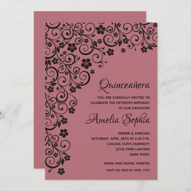 Elegant Quinceañera Black & Rose Gold Swirls (Front/Back)