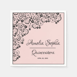 Elegant Quinceañera Black Swirls on Blush Pink Napkin