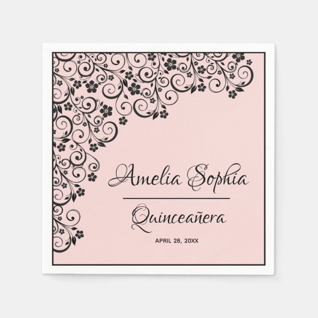 Elegant Quinceañera Black Swirls on Blush Pink Napkin (Front)