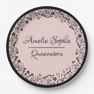 Elegant Quinceañera Black Swirls on Blush PInk Paper Plate