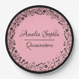 Elegant Quinceañera Black Swirls on PInk Paper Plate