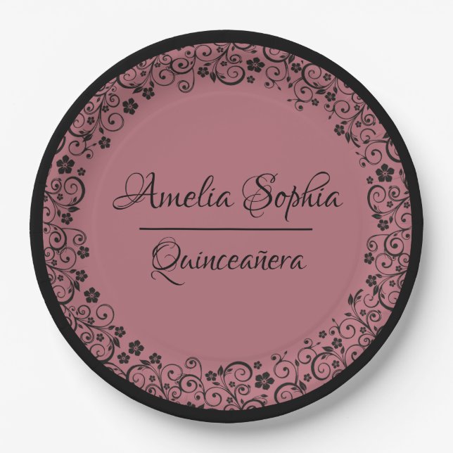 Elegant Quinceañera Black Swirls on Rose Gold Paper Plate (Front)