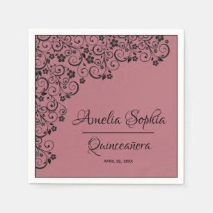 Elegant Quinceañera Black Swirls on Rose Gold Pink Napkin