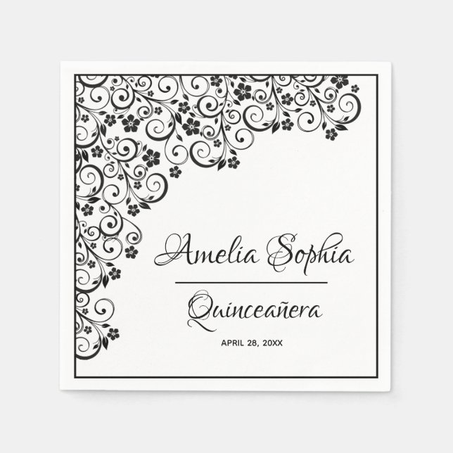Elegant Quinceañera Black Swirls on White Napkin (Front)