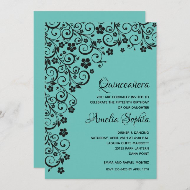 Elegant Quinceañera Black & Tiffany Blue Swirls (Front/Back)