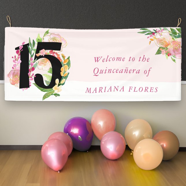Elegant Quinceanera Blush Pink Floral Number 15 Banner (15th Birthday Welcome Banner from my Floral Chic Quinceanera Collection
)