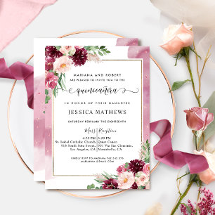 Elegant Quinceañera Burgundy Blush Pink Floral  Invitation