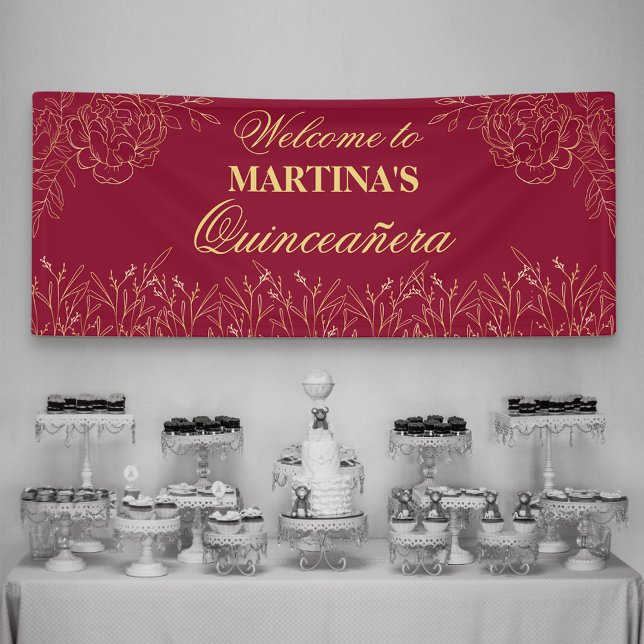 Elegant Quinceanera Burgundy Gold Floral Welcome Banner (Creator Uploaded)