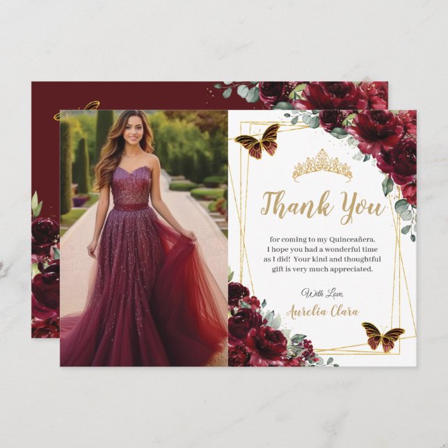 Elegant Quinceañera Burgundy Roses Floral Photo  Thank You Card (Front/Back)