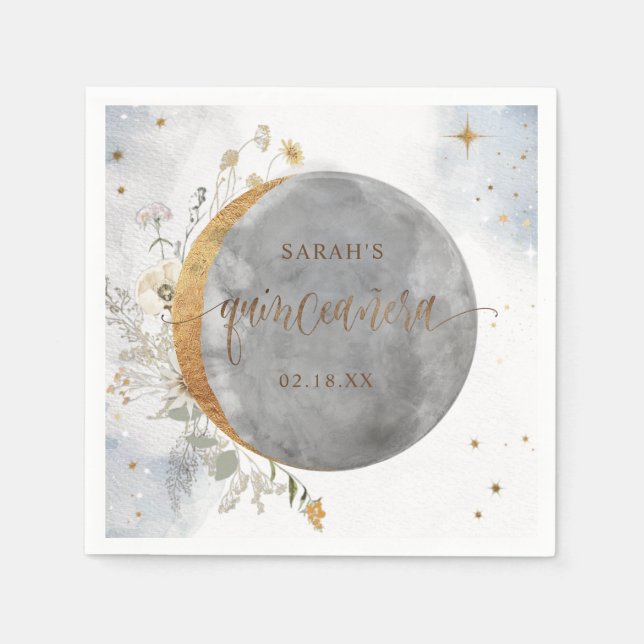 Elegant Quinceañera Celestial Moon and Stars Napkin (Front)