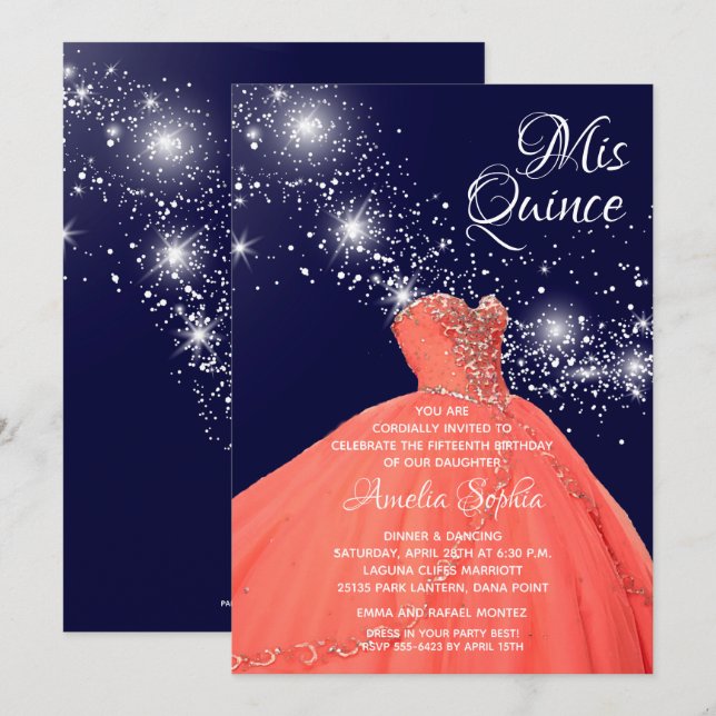 Elegant Quinceañera Coral Gown Stars Invitations (Front/Back)