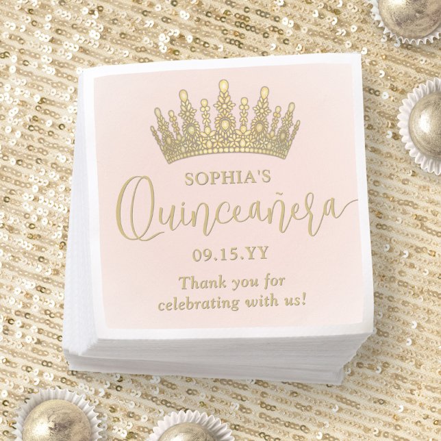 Elegant Quinceañera Crown Chic Blush Pink and Gold Napkin (Creator Uploaded)