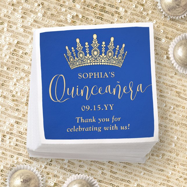 Elegant Quinceañera Crown Chic Royal Blue and Gold Napkin (Creator Uploaded)