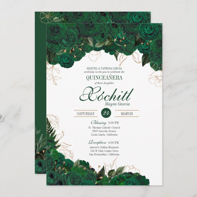 Elegant Quinceanera Emerald Green Gold Rose Floral Invitation (Front/Back)
