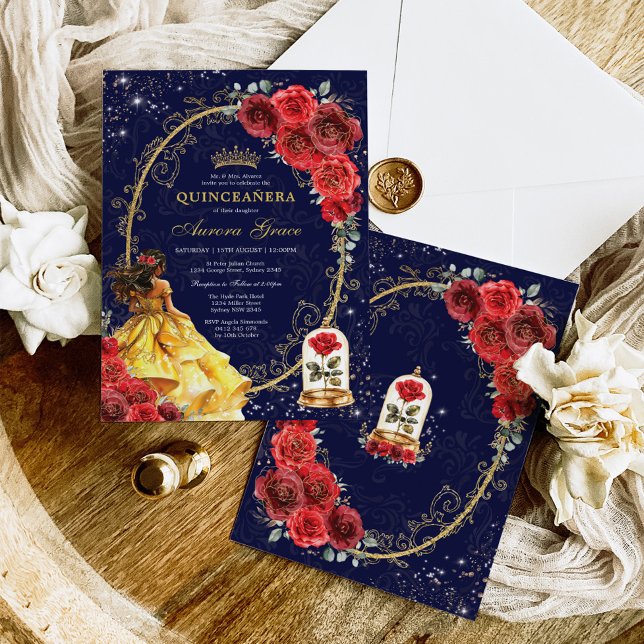 Elegant Quinceañera Enchanted Red Roses Floral Invitation (Creator Uploaded)