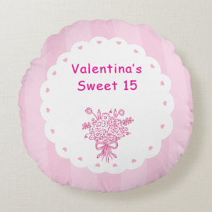 Elegant Quinceañera Floral Bouquet   Pink & White  Round Cushion