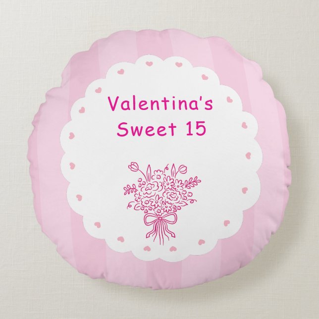 Elegant Quinceañera Floral Bouquet | Pink & White  Round Cushion (Front)