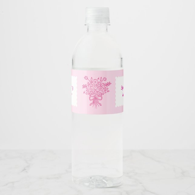 Elegant Quinceañera Floral Bouquet | Pink & White  Water Bottle Label (Front)