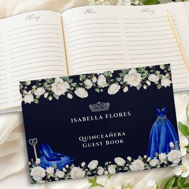 Elegant Quinceanera Floral Princess Dress Blue Guest Book (Guest book from the Princess Dress and Roses Quinceanera collection by Darling & May)