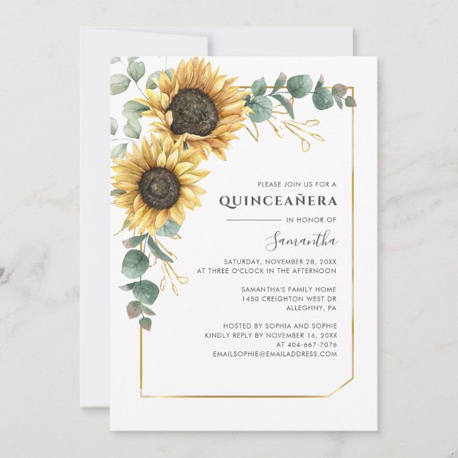 Elegant Quinceanera Floral Sunflower Eucalyptus 15 Invitation (Front)