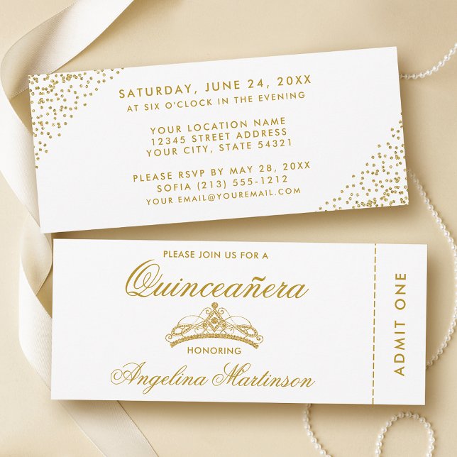 Elegant Quinceanera Gold and White Ticket Invitation (Customize to change text style or text size.)