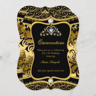 Elegant Quinceanera Gold Black Damask Tiara Invite