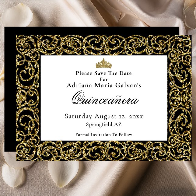 Elegant Quinceanera Gold Scrollwork Save The Date (Creator Uploaded)