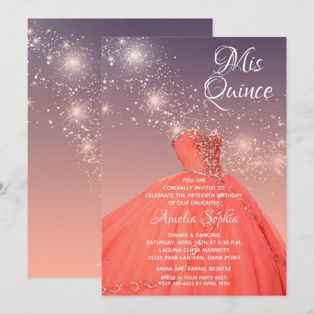 Elegant Quinceañera Gown Stars Invitations (Front/Back)