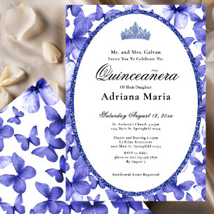 Elegant Quinceanera Invitation Blue Butterflies