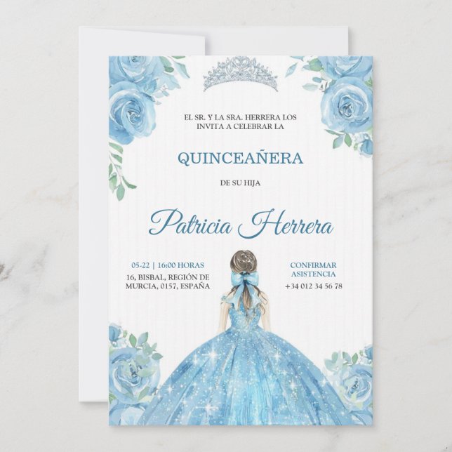 Elegant quinceanera Invitation blue floral theme (Front)