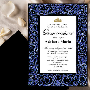 Elegant Quinceanera Invitation Blue Scrollwork